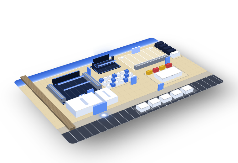 Sample event site in 3D: main arena, beach stage, vendor village, food court and expo lot