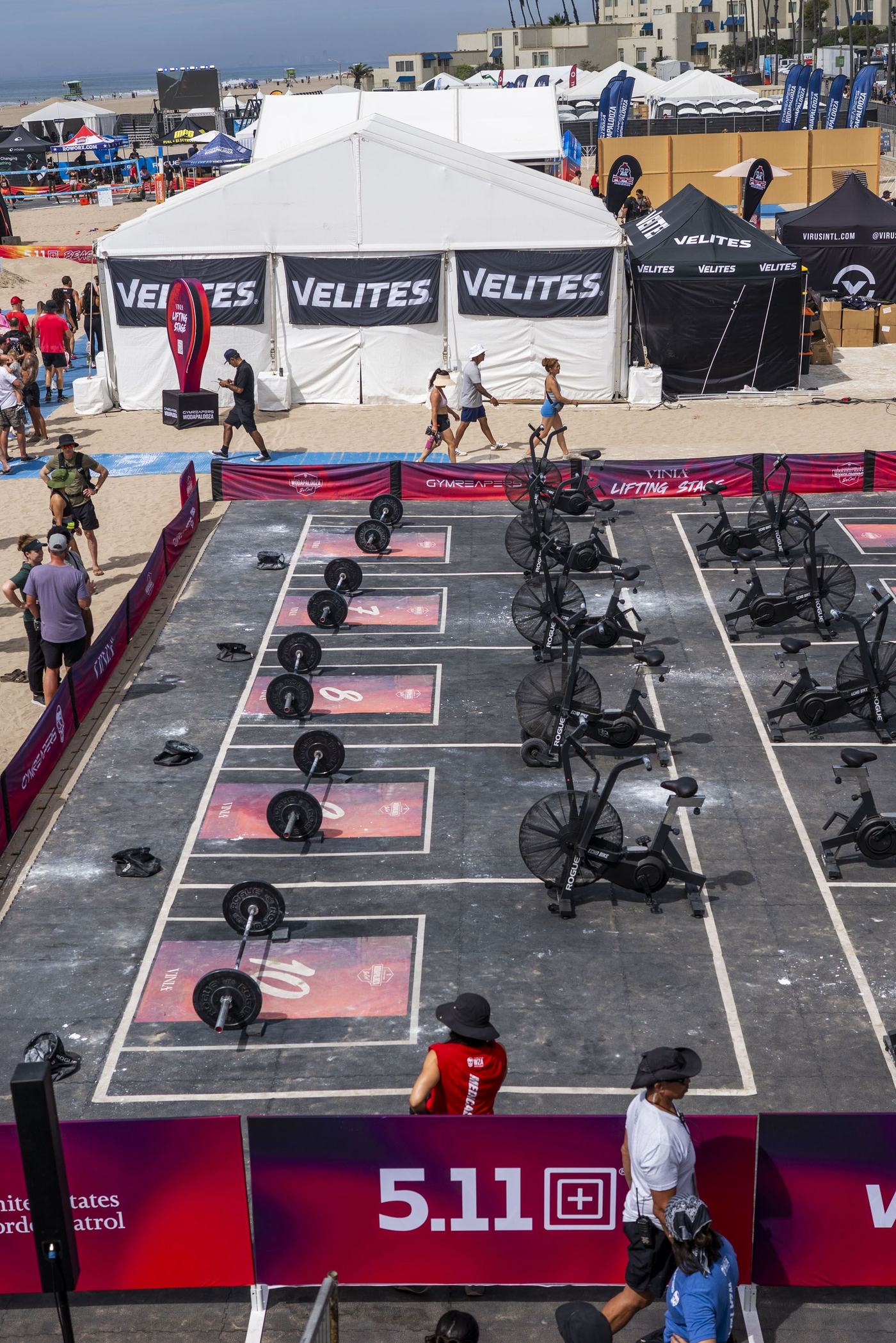The competition floor and branded stands from above